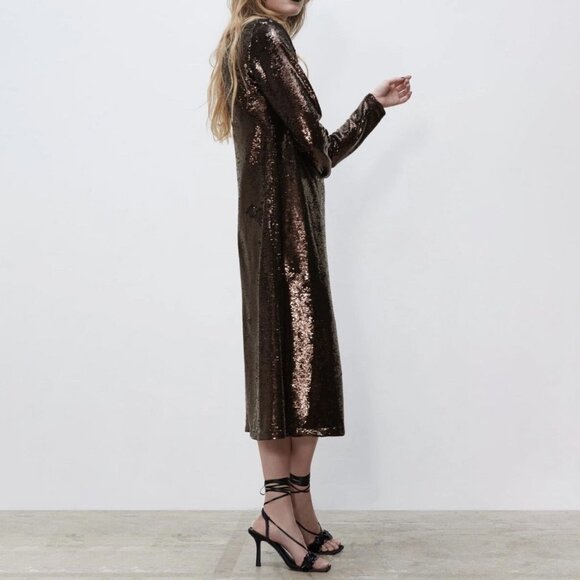 Zara $149 Heavy Sequin Knit Brown Midi Dress NEW - Picture 4 of 10